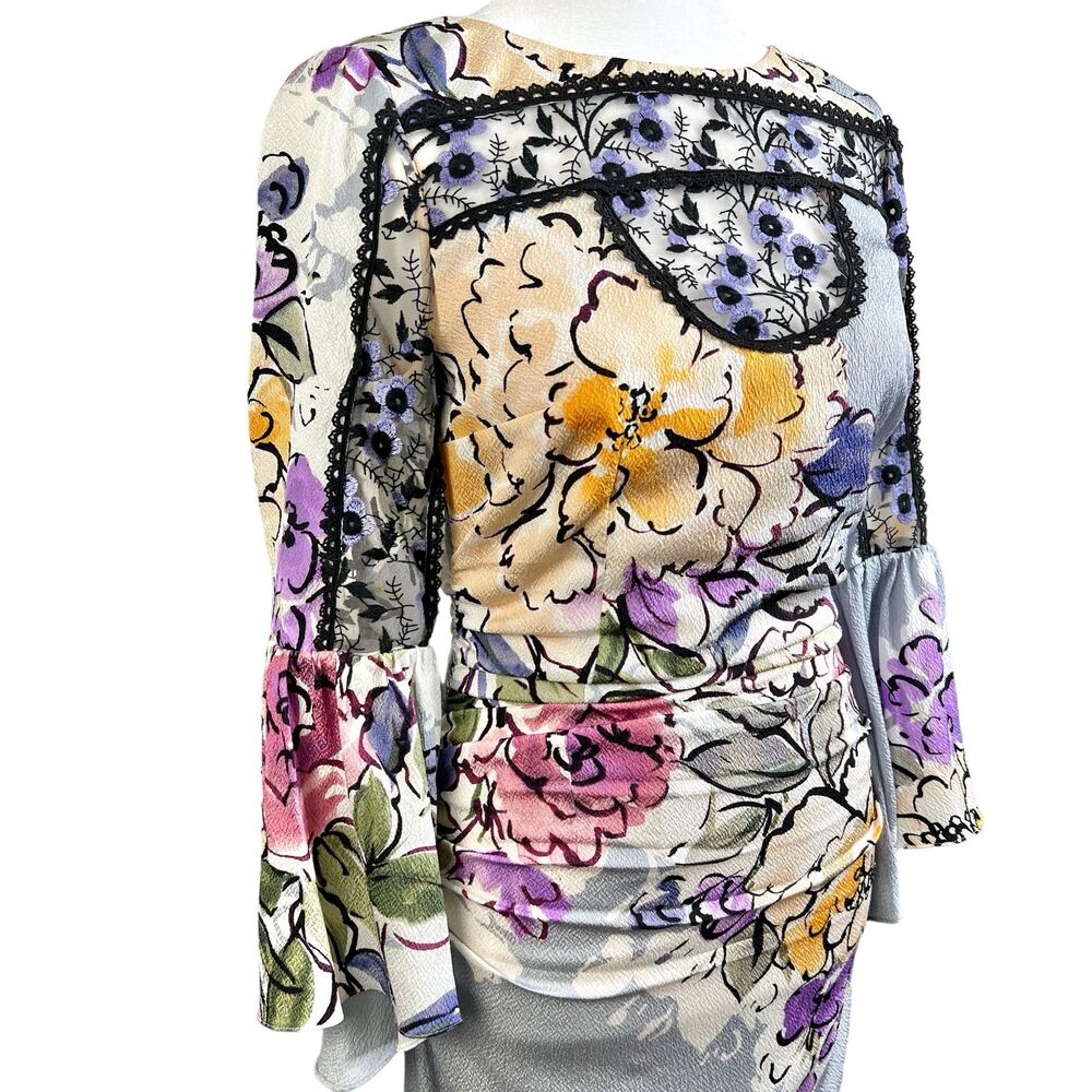 Tracy Reese Womens Size 0 Floral Lace 3/4 Sleeve Ruched Sheath Dress Grey Violet - Picture 8 of 16